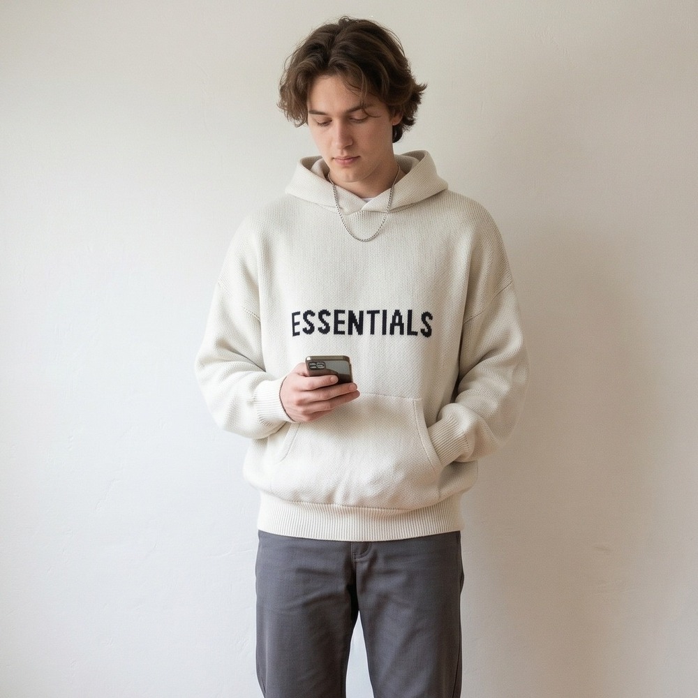 Fear of God Essentials Sweater Mens Medium Cream Knit Logo Hoodie Streetwear
